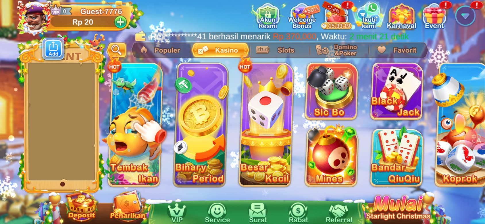 Game kasino populer seperti Tembak Ikan dan Sic Bo tersedia di K3K3 2.